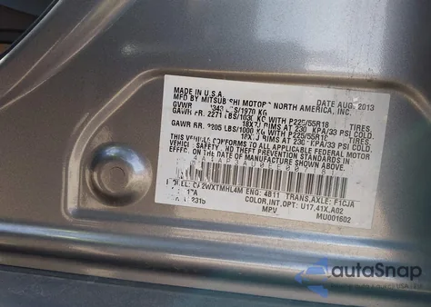 2014 Mitsubishi Outlander Sport Es из США, поврежденный, VIN 4A4AP3AU0EE007181